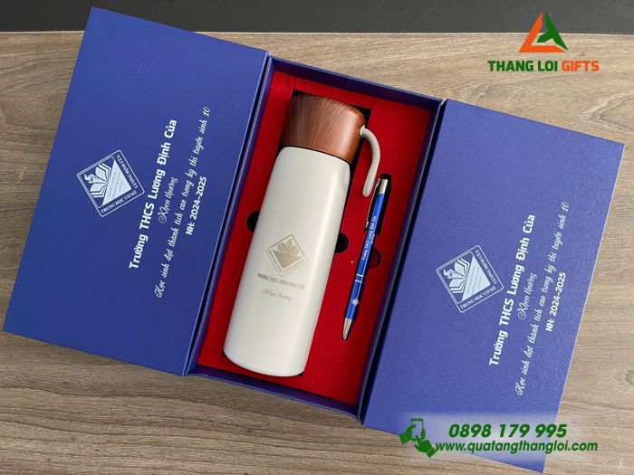 Set Quà Tặng (Bình Giữ Nhiệt & Bút Bi) - In Khắc Logo Trường THCS Lương Định Của