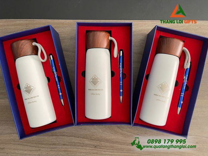 Set Quà Tặng (Bình Giữ Nhiệt & Bút Bi) - In Khắc Logo Trường THCS Lương Định Của