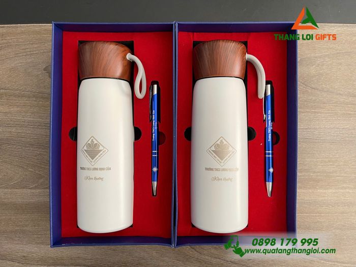 Set Quà Tặng (Bình Giữ Nhiệt & Bút Bi) - In Khắc Logo Trường THCS Lương Định Của
