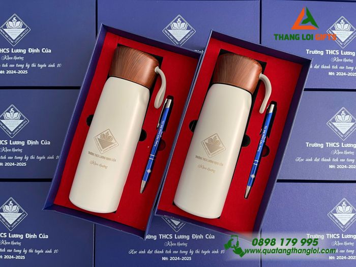 Set Quà Tặng (Bình Giữ Nhiệt & Bút Bi) - In Khắc Logo Trường THCS Lương Định Của
