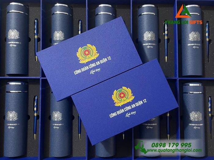 Combo Quà Tặng (Bình Giữ Nhiệt & Bút Ký) Màu Xanh - In Khắc Logo Công Đoàn Công An
