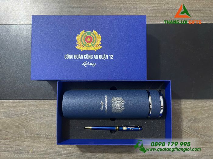 Combo Quà Tặng (Bình Giữ Nhiệt & Bút Ký) Màu Xanh - In Khắc Logo Công Đoàn Công An