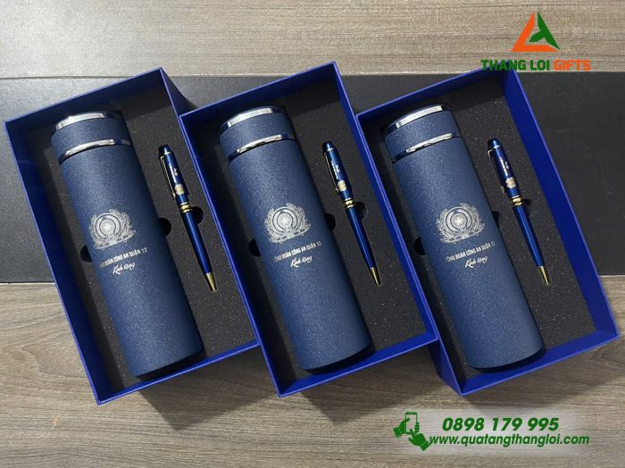 Combo Quà Tặng (Bình Giữ Nhiệt & Bút Ký) Màu Xanh - In Khắc Logo Công Đoàn Công An