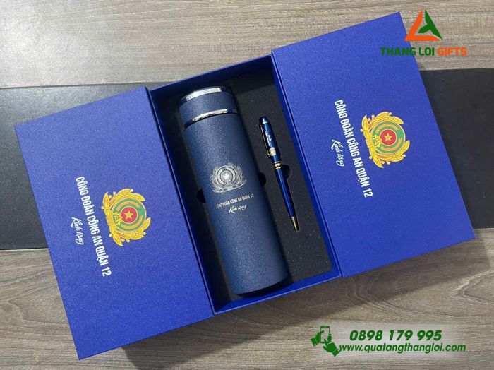 Combo Quà Tặng (Bình Giữ Nhiệt & Bút Ký) Màu Xanh - In Khắc Logo Công Đoàn Công An