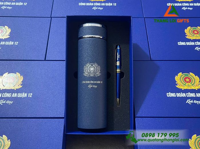 Combo Quà Tặng (Bình Giữ Nhiệt & Bút Ký) Màu Xanh - In Khắc Logo Công Đoàn Công An