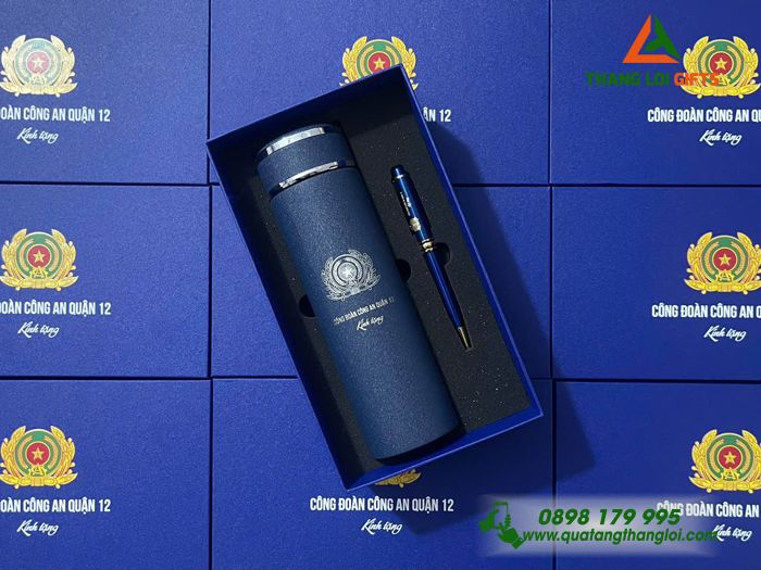 Combo Quà Tặng (Bình Giữ Nhiệt & Bút Ký) Màu Xanh - In Khắc Logo Công Đoàn Công An