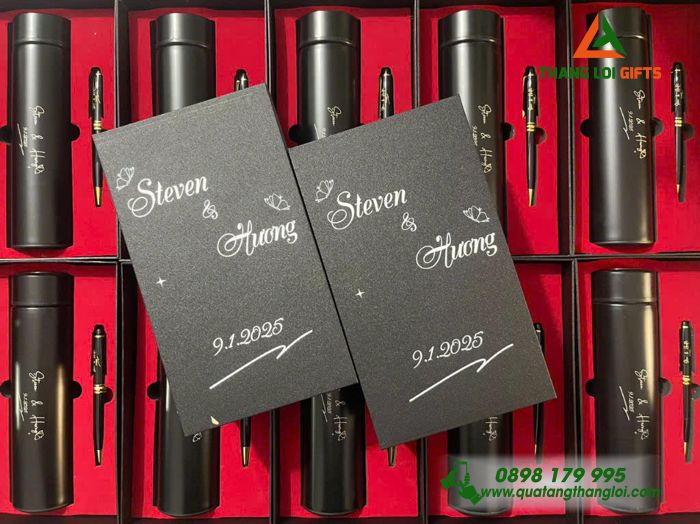 Set Quà Tặng (Bình Giữ Nhiệt & Bút Ký) Màu Đen - Khắc Tên Làm Quà Đám Cưới