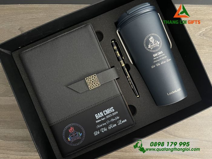 GIFTSET - Bộ Quà Tặng (Sổ+ Ly Lock&Lock+ Bút) - In Khắc Logo Trường Lê Văn Tám