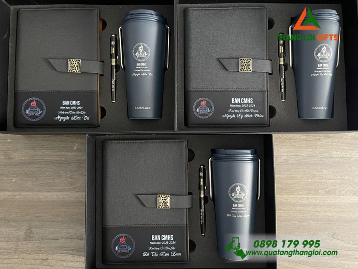 GIFTSET - Bộ Quà Tặng (Sổ+ Ly Lock&Lock+ Bút) - In Khắc Logo Trường Lê Văn Tám