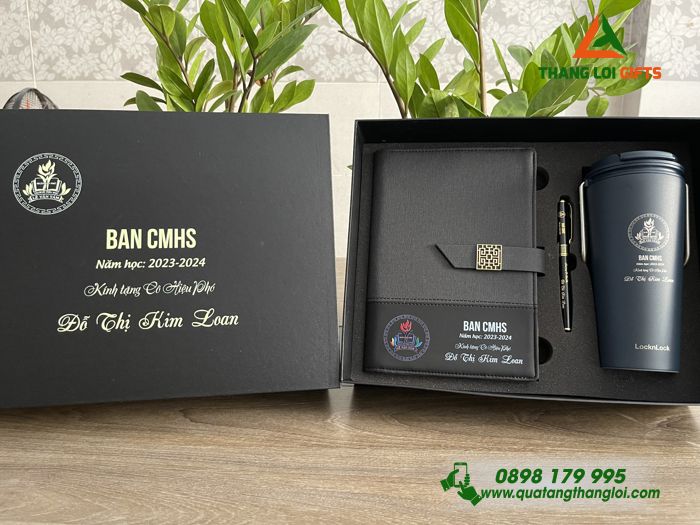 GIFTSET - Bộ Quà Tặng (Sổ+ Ly Lock&Lock+ Bút) - In Khắc Logo Trường Lê Văn Tám