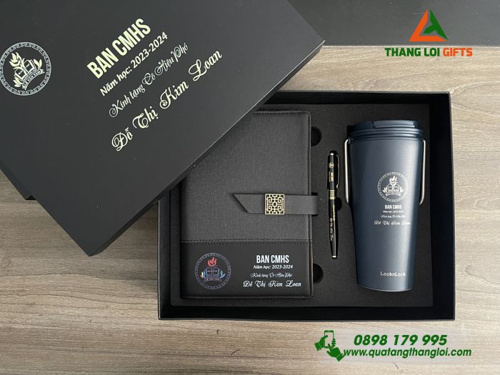 GIFTSET - Bộ Quà Tặng (Sổ+ Ly Lock&Lock+ Bút) - In Khắc Logo Trường Lê Văn Tám