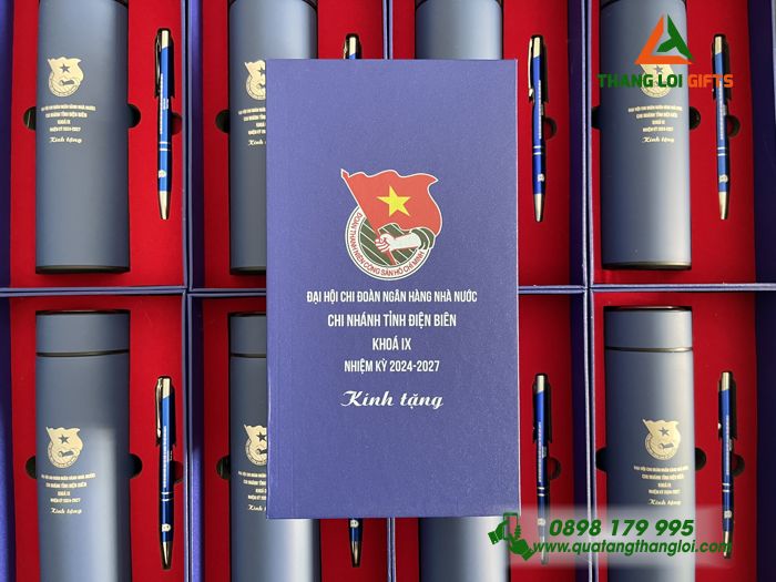 GIFTSETS - Bộ Quà Tặng (Bình Giữ Nhiệt & Bút Bi) Màu Xanh - In Khắc Logo Đoàn Thanh Niên Cộng Sản Việt Nam