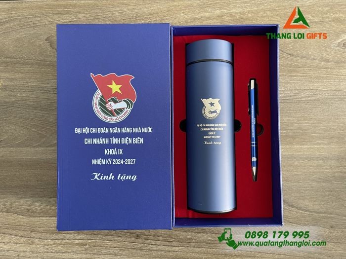 GIFTSETS - Bộ Quà Tặng (Bình Giữ Nhiệt & Bút Bi) Màu Xanh - In Khắc Logo Đoàn Thanh Niên Cộng Sản Việt Nam