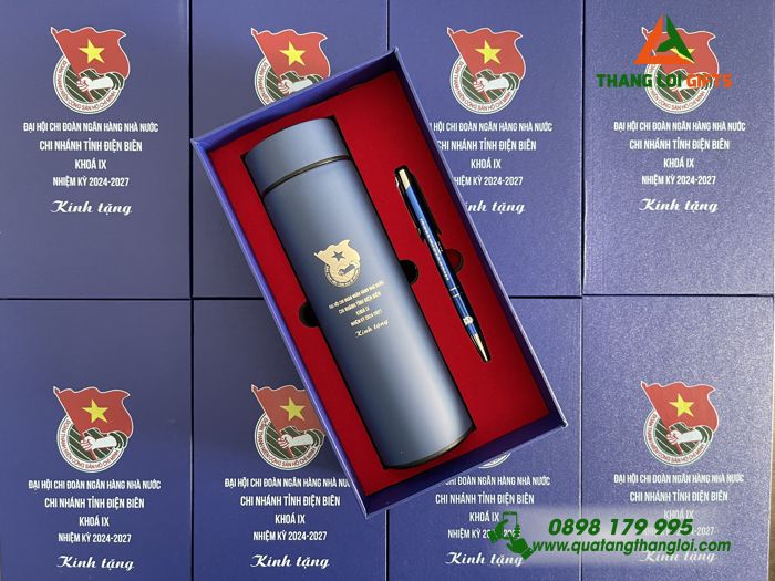 GIFTSETS - Bộ Quà Tặng (Bình Giữ Nhiệt & Bút Bi) Màu Xanh - In Khắc Logo Đoàn Thanh Niên Cộng Sản Việt Nam