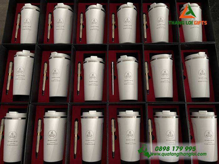 GIFTSETS (Ly Giữ Nhiệt & Bút Ký) Màu Trắng - In Khắc Logo Trường Tiểu Học Lê Văn Tám