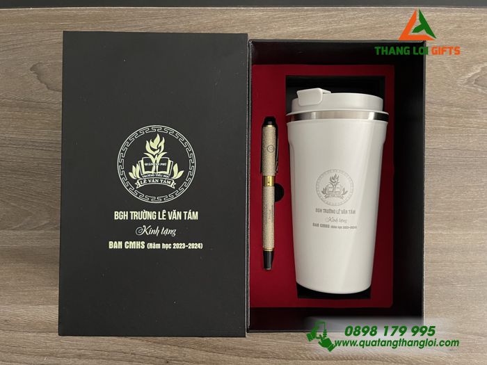 GIFTSETS (Ly Giữ Nhiệt & Bút Ký) Màu Trắng - In Khắc Logo Trường Tiểu Học Lê Văn Tám