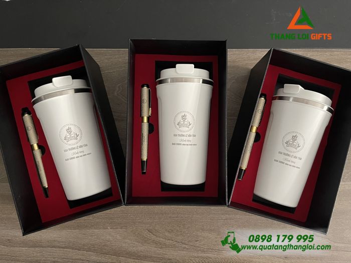 GIFTSETS (Ly Giữ Nhiệt & Bút Ký) Màu Trắng - In Khắc Logo Trường Tiểu Học Lê Văn Tám