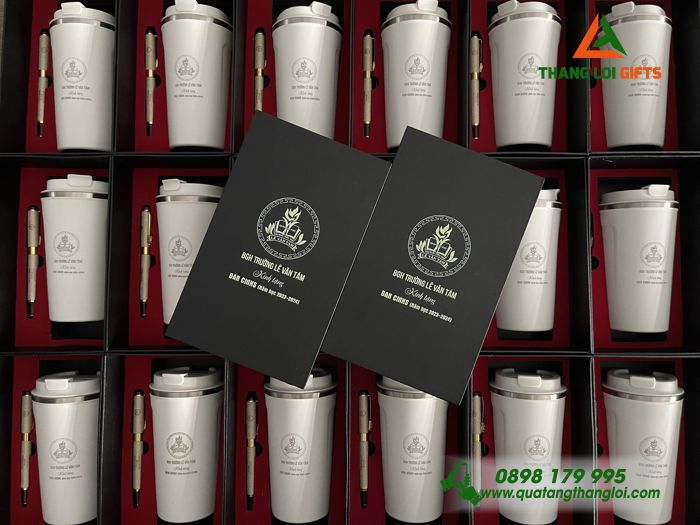 GIFTSETS (Ly Giữ Nhiệt & Bút Ký) Màu Trắng - In Khắc Logo Trường Tiểu Học Lê Văn Tám