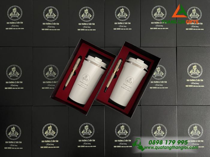 GIFTSETS (Ly Giữ Nhiệt & Bút Ký) Màu Trắng - In Khắc Logo Trường Tiểu Học Lê Văn Tám
