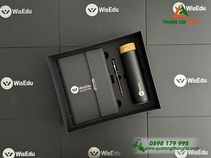 Bộ Quà Tặng (Sổ+ Bình Lock&Lock+ Bút) Màu Đen - In Khắc Logo Doanh Nghiệp WISEDU