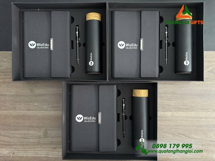 Bộ Quà Tặng (Sổ+ Bình Lock&Lock+ Bút) Màu Đen - In Khắc Logo Doanh Nghiệp WISEDU