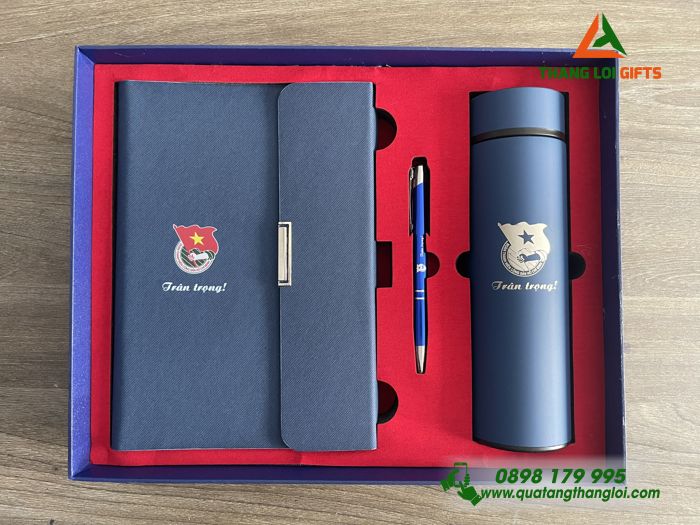 Set Quà Tặng (Sổ+ Bình+ Bút) Màu Xanh - In Khắc Logo Đoàn Thanh Niên Cộng Sản