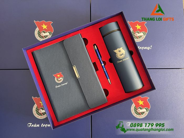 Set Quà Tặng (Sổ+ Bình+ Bút) Màu Xanh - In Khắc Logo Đoàn Thanh Niên Cộng Sản