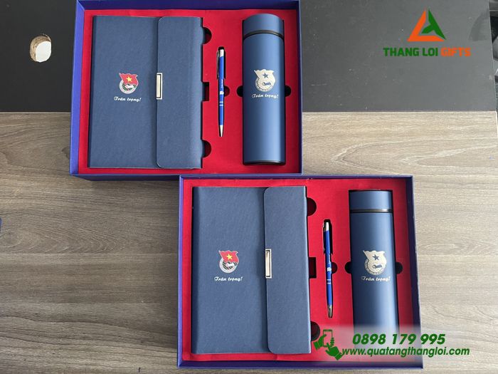 Set Quà Tặng (Sổ+ Bình+ Bút) Màu Xanh - In Khắc Logo Đoàn Thanh Niên Cộng Sản