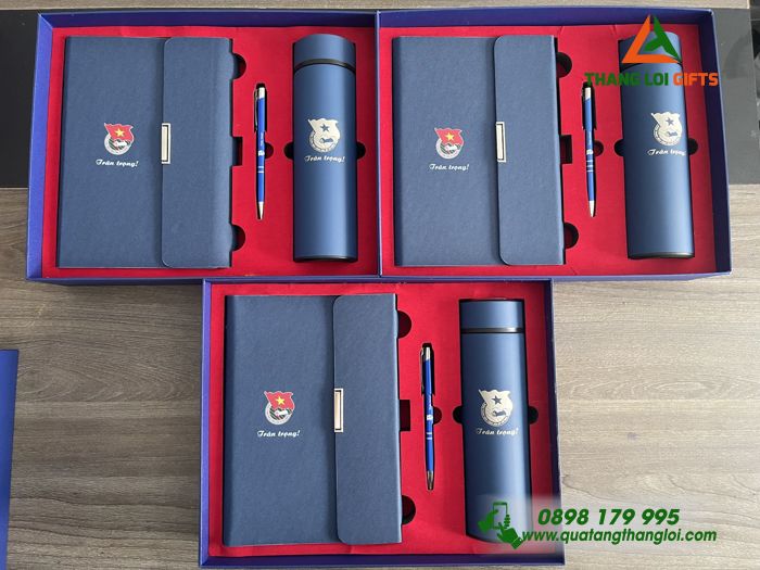 Set Quà Tặng (Sổ+ Bình+ Bút) Màu Xanh - In Khắc Logo Đoàn Thanh Niên Cộng Sản