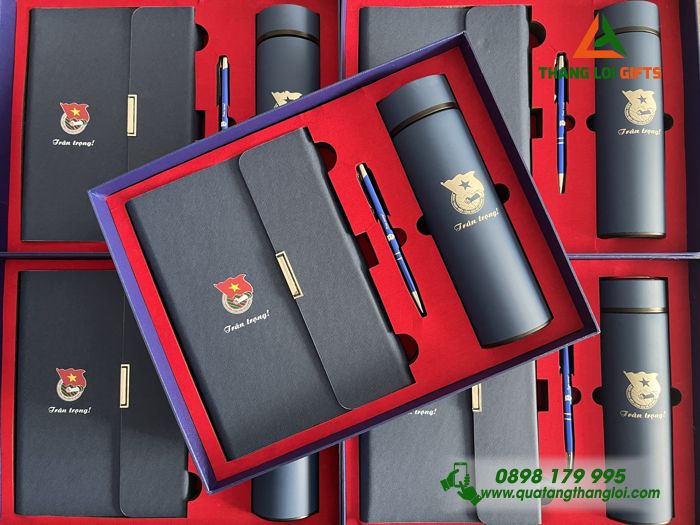 Set Quà Tặng (Sổ+ Bình+ Bút) Màu Xanh - In Khắc Logo Đoàn Thanh Niên Cộng Sản