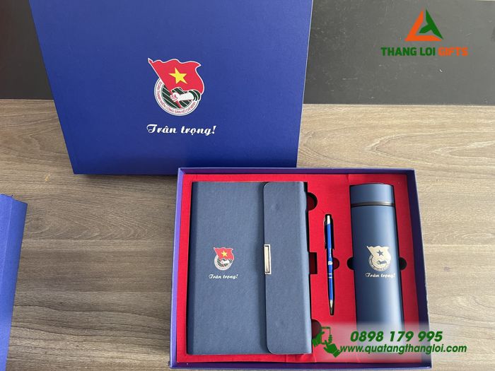 Set Quà Tặng (Sổ+ Bình+ Bút) Màu Xanh - In Khắc Logo Đoàn Thanh Niên Cộng Sản