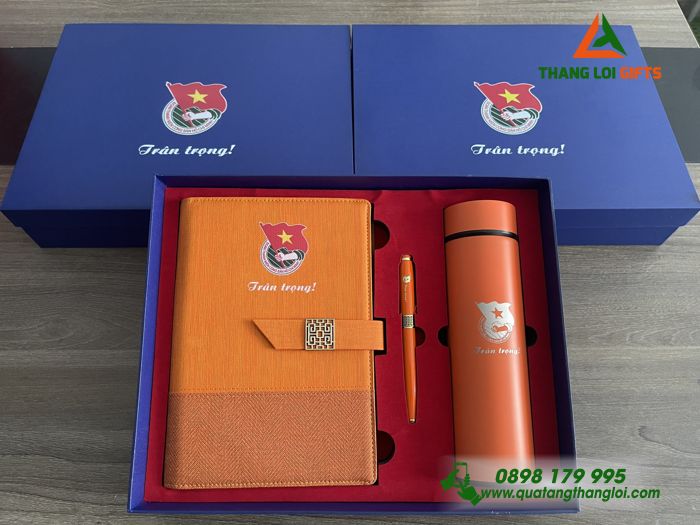 Set Quà Tặng (Sổ+ Bình+ Bút) Màu Cam - In Khắc Logo Đoàn Thanh Niên Cộng Sản Việt Nam