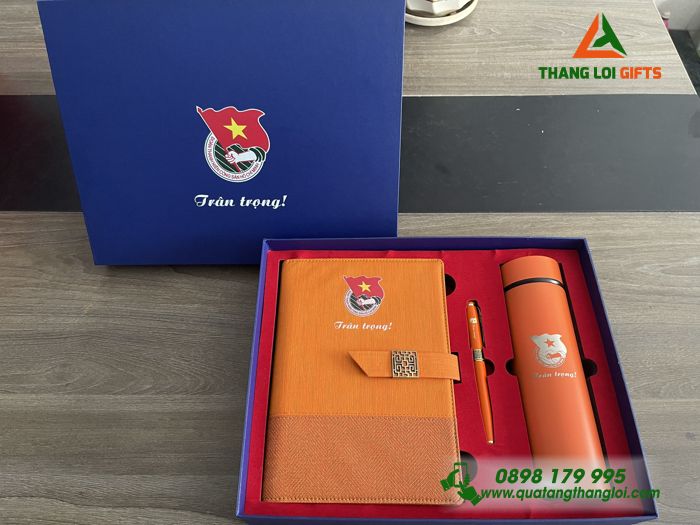 Set Quà Tặng (Sổ+ Bình+ Bút) Màu Cam - In Khắc Logo Đoàn Thanh Niên Cộng Sản Việt Nam