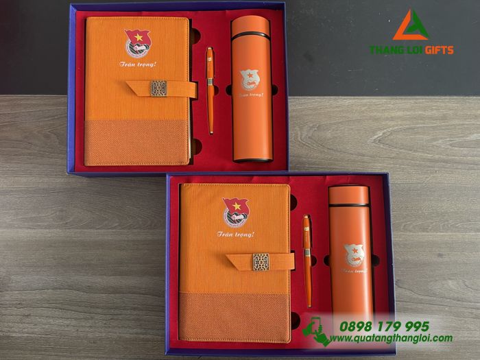 Set Quà Tặng (Sổ+ Bình+ Bút) Màu Cam - In Khắc Logo Đoàn Thanh Niên Cộng Sản Việt Nam