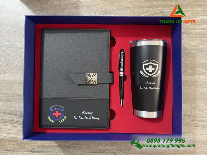 Bộ Quà Tặng (Sổ+ Ly+ Bút) Màu Đen - In Khắc Logo Trung Tâm Y Tế
