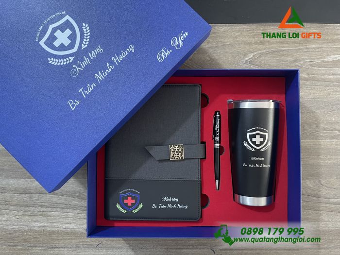 Bộ Quà Tặng (Sổ+ Ly+ Bút) Màu Đen - In Khắc Logo Trung Tâm Y Tế