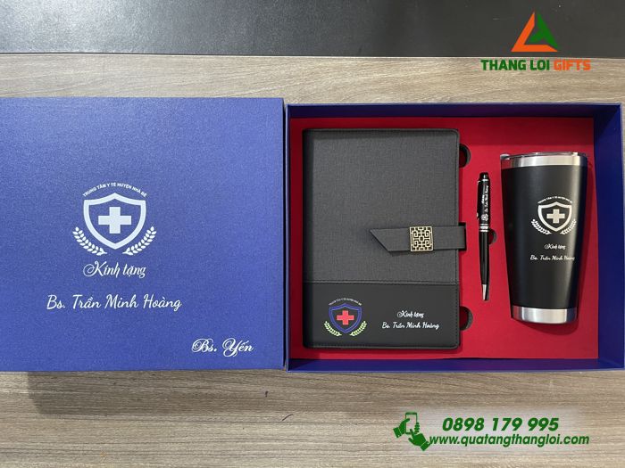 Bộ Quà Tặng (Sổ+ Ly+ Bút) Màu Đen - In Khắc Logo Trung Tâm Y Tế