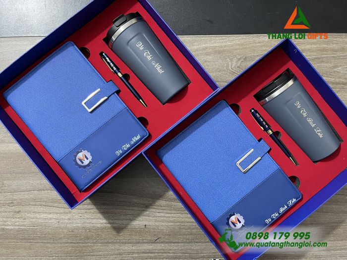 Combo Quà Tặng (Sổ+ Ly+ Bút) Màu Xanh - In Khắc Logo Giải Pháp Công Nghiệp Toàn Diện