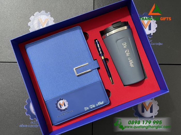 Combo Quà Tặng (Sổ+ Ly+ Bút) Màu Xanh - In Khắc Logo Giải Pháp Công Nghiệp Toàn Diện