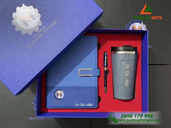 Combo Quà Tặng (Sổ+ Ly+ Bút) Màu Xanh - In Khắc Logo Giải Pháp Công Nghiệp Toàn Diện