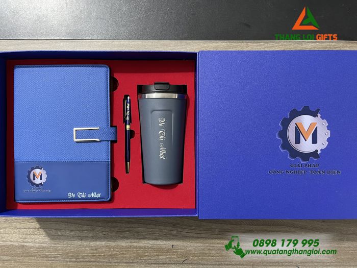 Combo Quà Tặng (Sổ+ Ly+ Bút) Màu Xanh - In Khắc Logo Giải Pháp Công Nghiệp Toàn Diện