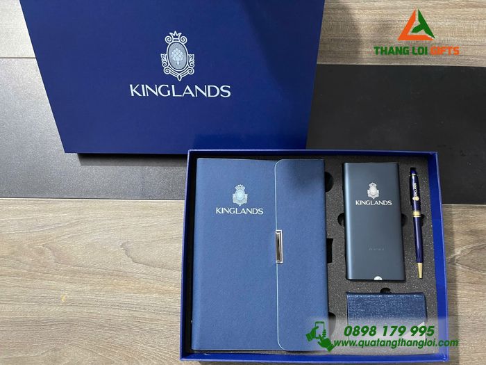 Set Quà Tặng (Sổ+ Pin+ Bút+ Hộp Namecard) Màu Xanh - In Khắc Logo Doanh Nghiệp KINGLANDS