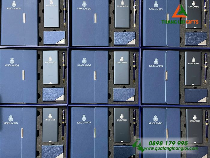 Set Quà Tặng (Sổ+ Pin+ Bút+ Hộp Namecard) Màu Xanh - In Khắc Logo Doanh Nghiệp KINGLANDS