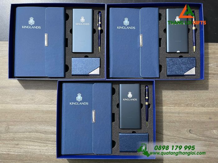 Set Quà Tặng (Sổ+ Pin+ Bút+ Hộp Namecard) Màu Xanh - In Khắc Logo Doanh Nghiệp KINGLANDS