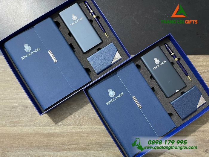 Set Quà Tặng (Sổ+ Pin+ Bút+ Hộp Namecard) Màu Xanh - In Khắc Logo Doanh Nghiệp KINGLANDS