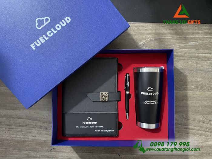Combo Quà Tặng (Sổ+ Ly+ Bút) Màu Đen - In Khắc Logo Doanh Nghiệp FUELCLOUD