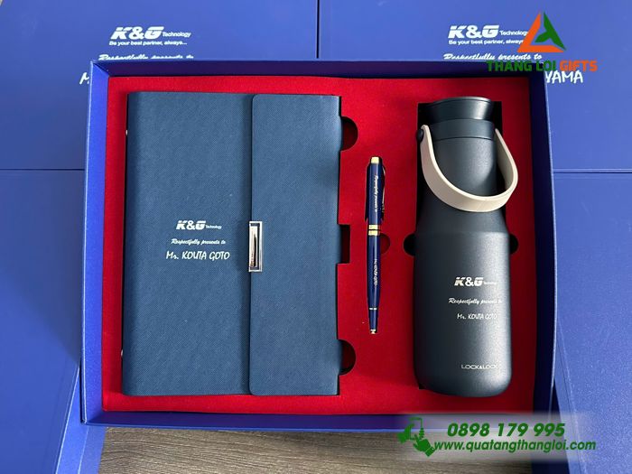Bộ Quà Tặng (Sổ+ Bình Lock&Lock+ Bút) Màu Xanh - In Khắc Logo Doanh Nghiệp K&G