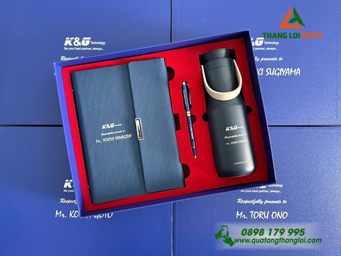 Bộ Quà Tặng (Sổ+ Bình Lock&Lock+ Bút) Màu Xanh - In Khắc Logo Doanh Nghiệp K&G