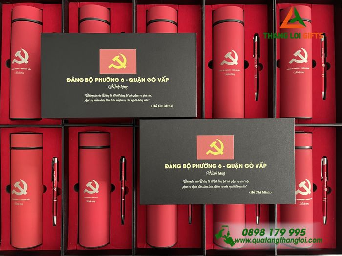 Set Quà Tặng (Bình Giữ Nhiệt & Bút Bi) Màu Đỏ - In Khắc Logo Đảng Cộng Sản Việt Nam