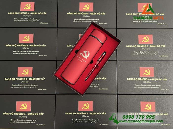 Set Quà Tặng (Bình Giữ Nhiệt & Bút Bi) Màu Đỏ - In Khắc Logo Đảng Cộng Sản Việt Nam